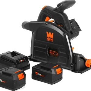 WEN 20V Max 6.5-Inch Cordless Brushless Plunge Cut Variable Speed Track Saw with Two 4.0 Ah Batteries and Charger