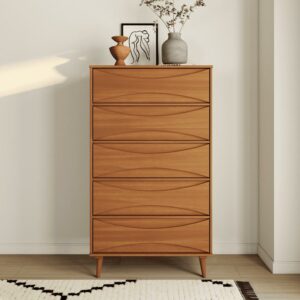 Walker Edison 30” Mid-Century Modern Curved Front 5-Drawer Dresser, Caramel