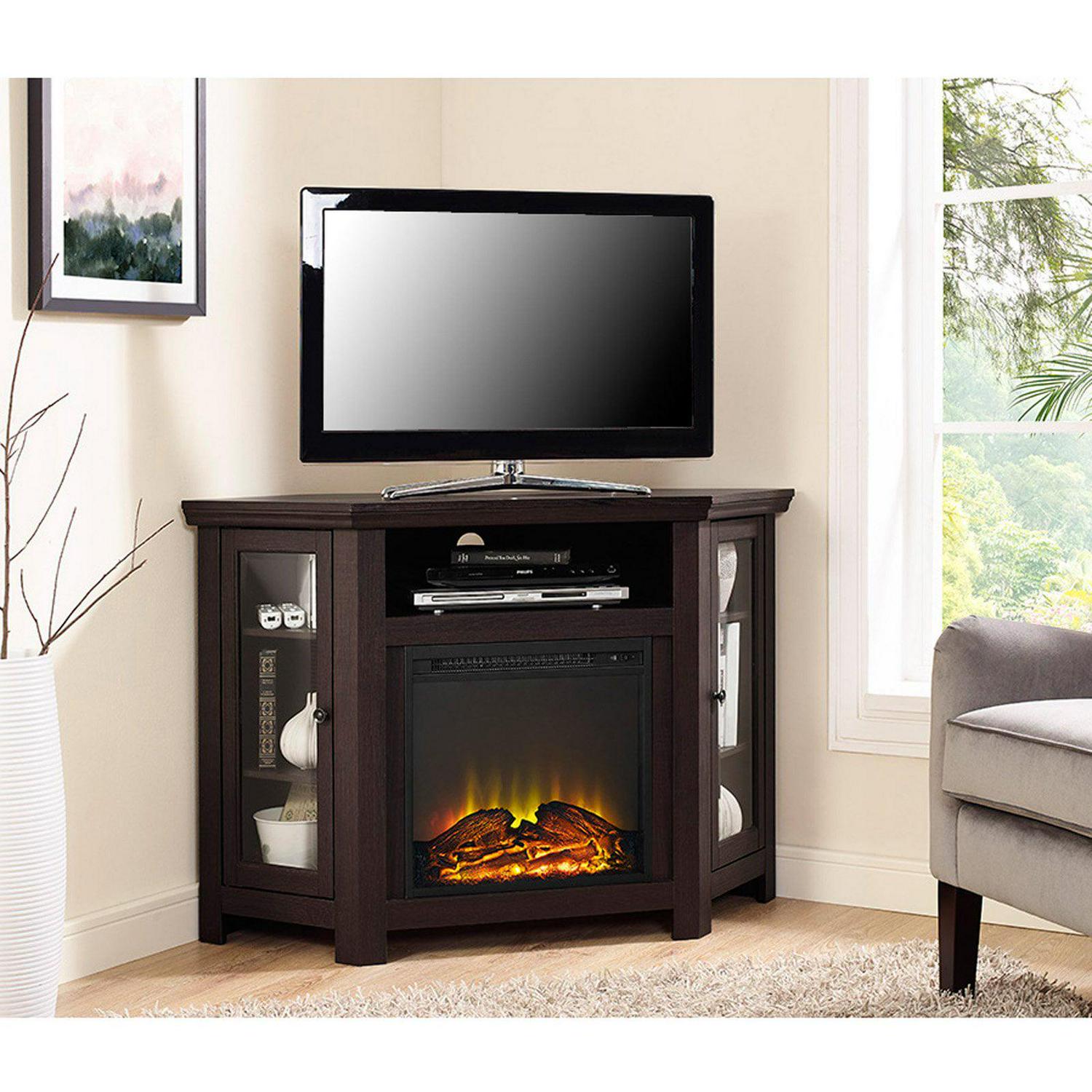 48" MDF Wood Corner Fireplace TV Stand - Traditional Brown - Image 3