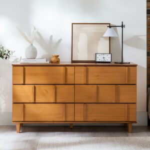 Walker Edison 60” Contemporary Vertical Drawer Pulls Solid Wood Dresser, Caramel