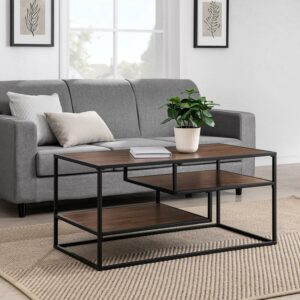 Walker Edison Contemporary Wood and Metal Tiered Coffee Table, Dark Walnut