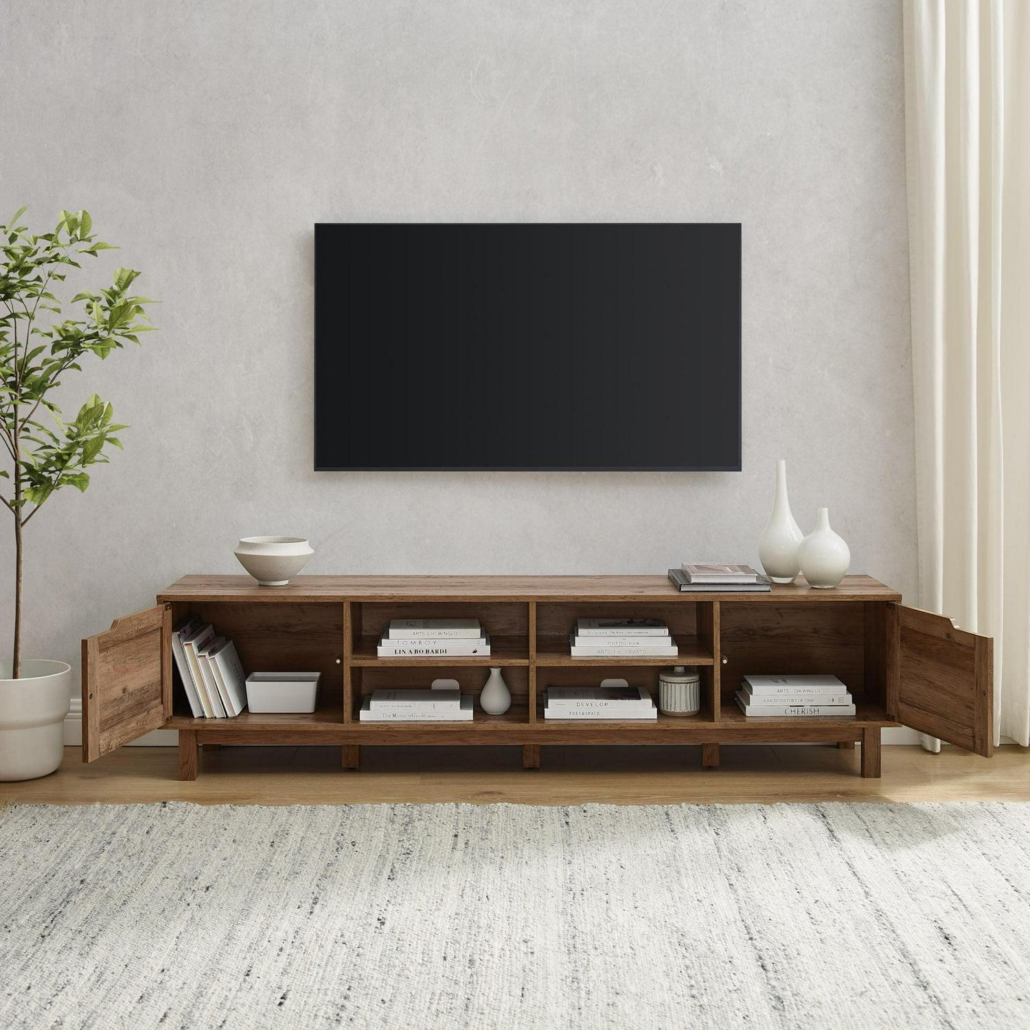 Walker Edison Rustic Open and Closed Storage TV stand for TVs up to 80”, Rustic Oak - Image 3