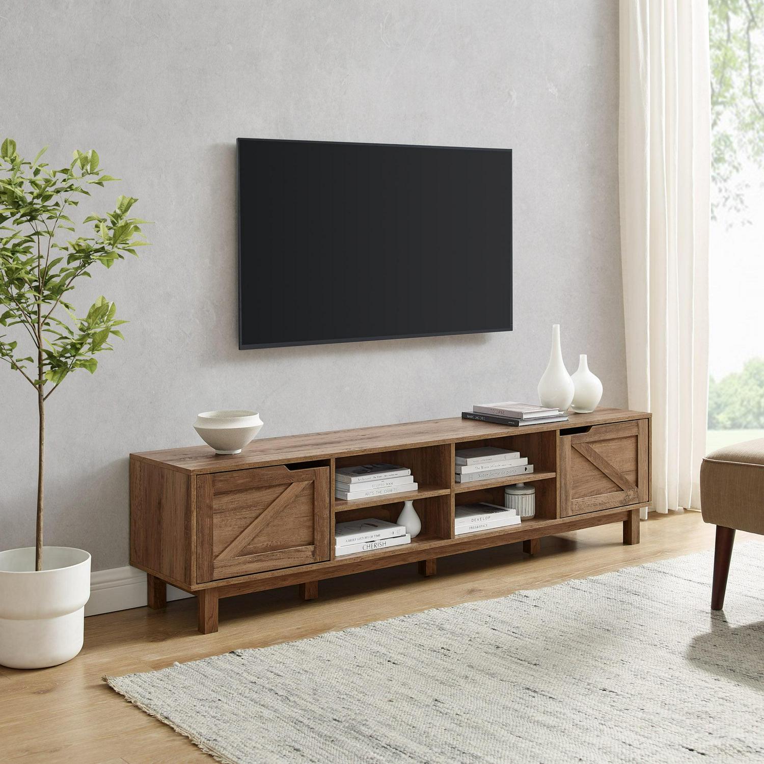 Walker Edison Rustic Open and Closed Storage TV stand for TVs up to 80”, Rustic Oak - Image 2