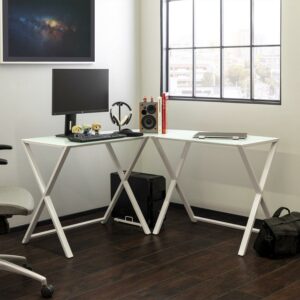 Walker Edison Glass and Metal X-Frame Corner Computer Desk, White