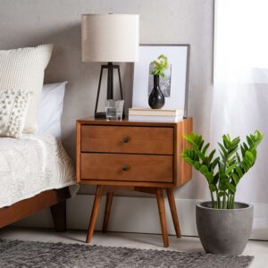 Walker Edison Mid Century Modern 2 Drawer Nightstand, Caramel