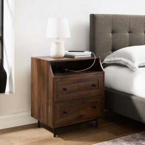 Walker Edison Modern 2 Drawer Nightstand with USB Port, Dark Walnut