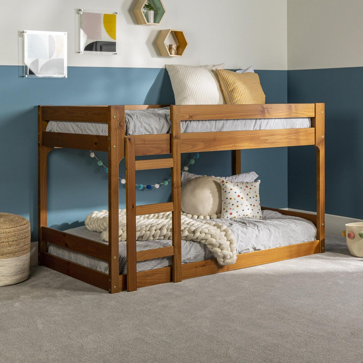 Walker Edison Modern Twin Over Twin Youth Bunk Bed, Caramel