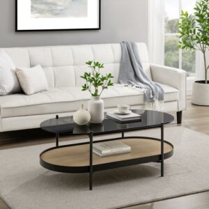 Walker Edison Modern 43" Tiered Metal Coffee Table, Coastal Oak