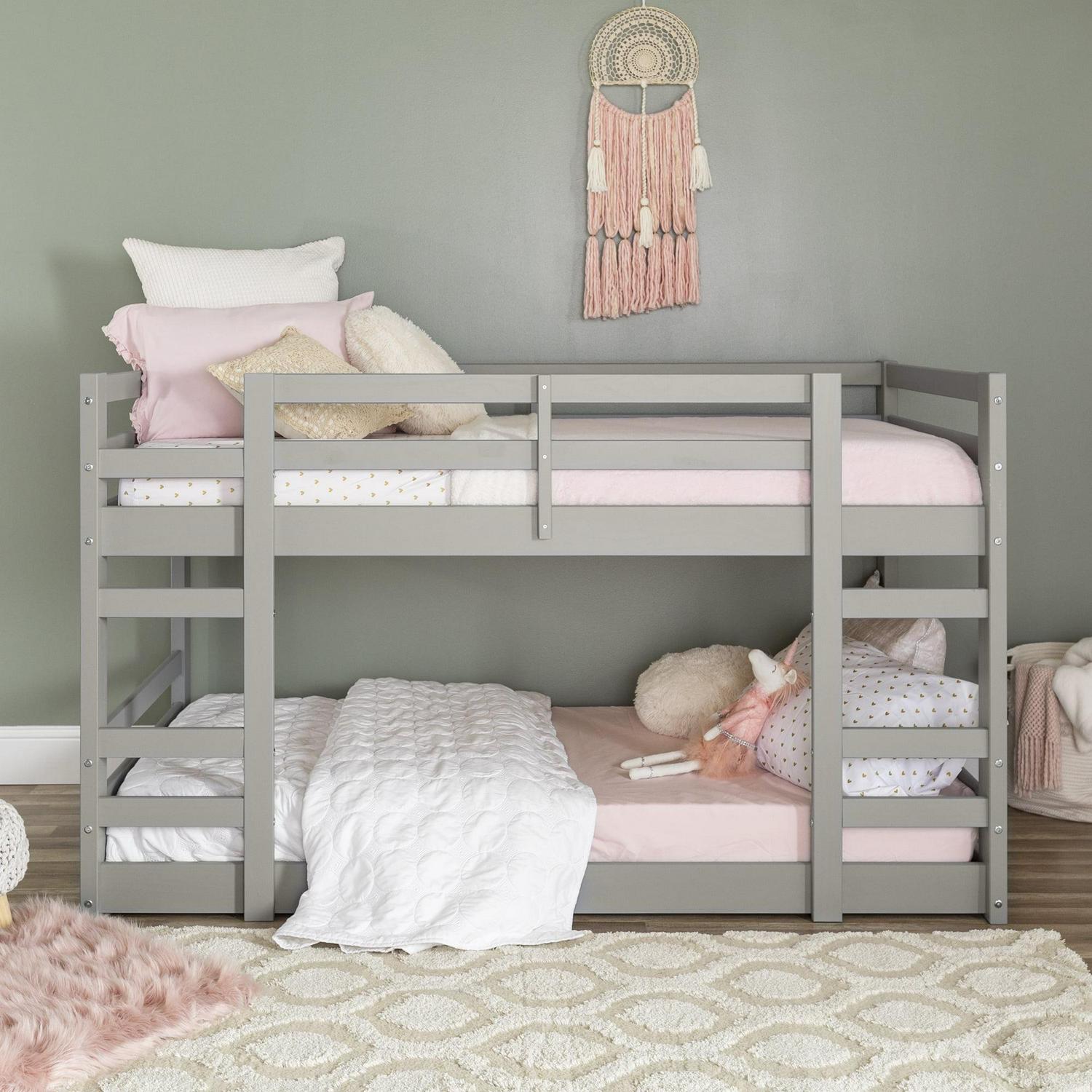 Walker Edison Solid Wood Twin over Twin Floor Bunk Bed, Grey - Image 2