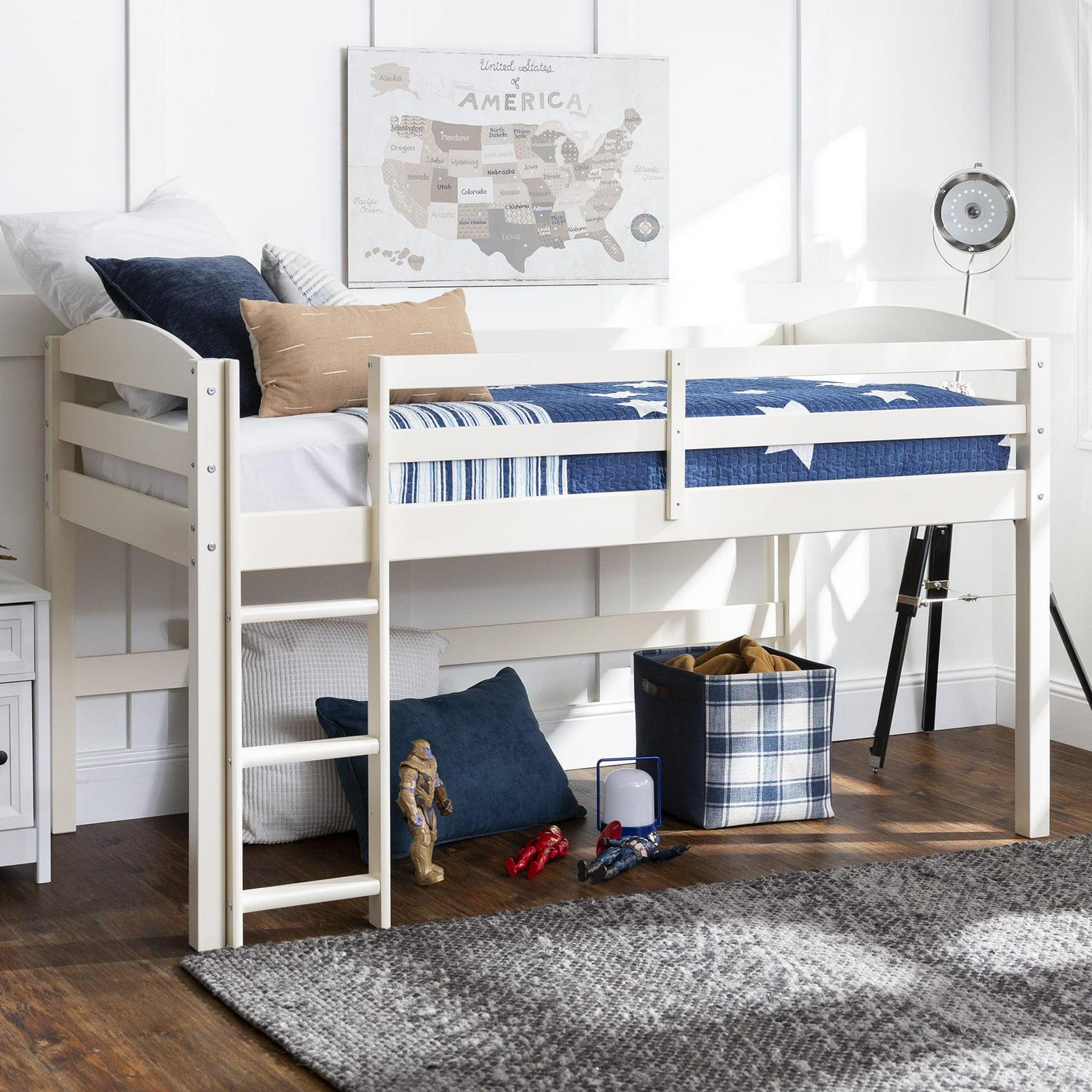 Walker Edison Solid Wood Junior Twin Low Loft Bed, White