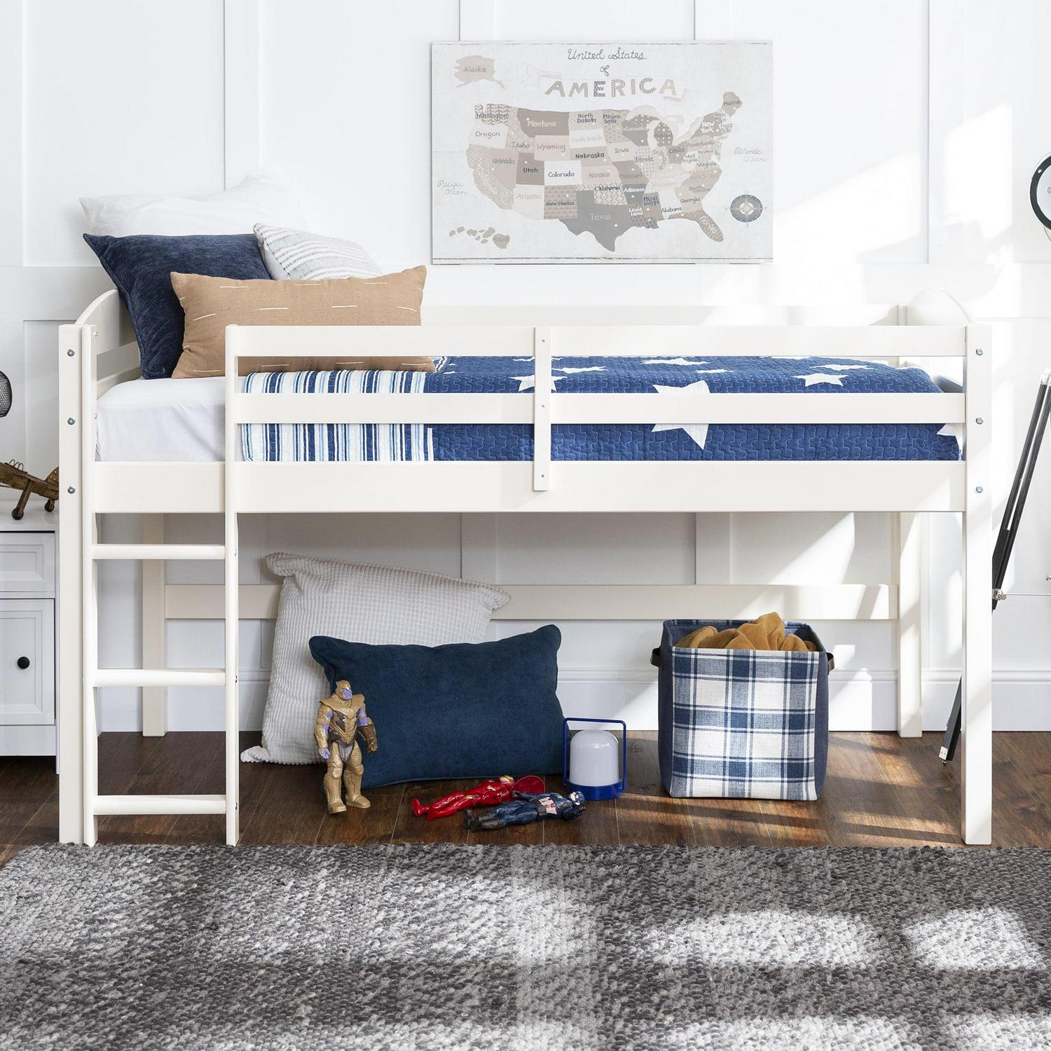 Walker Edison Solid Wood Junior Twin Low Loft Bed, White - Image 2