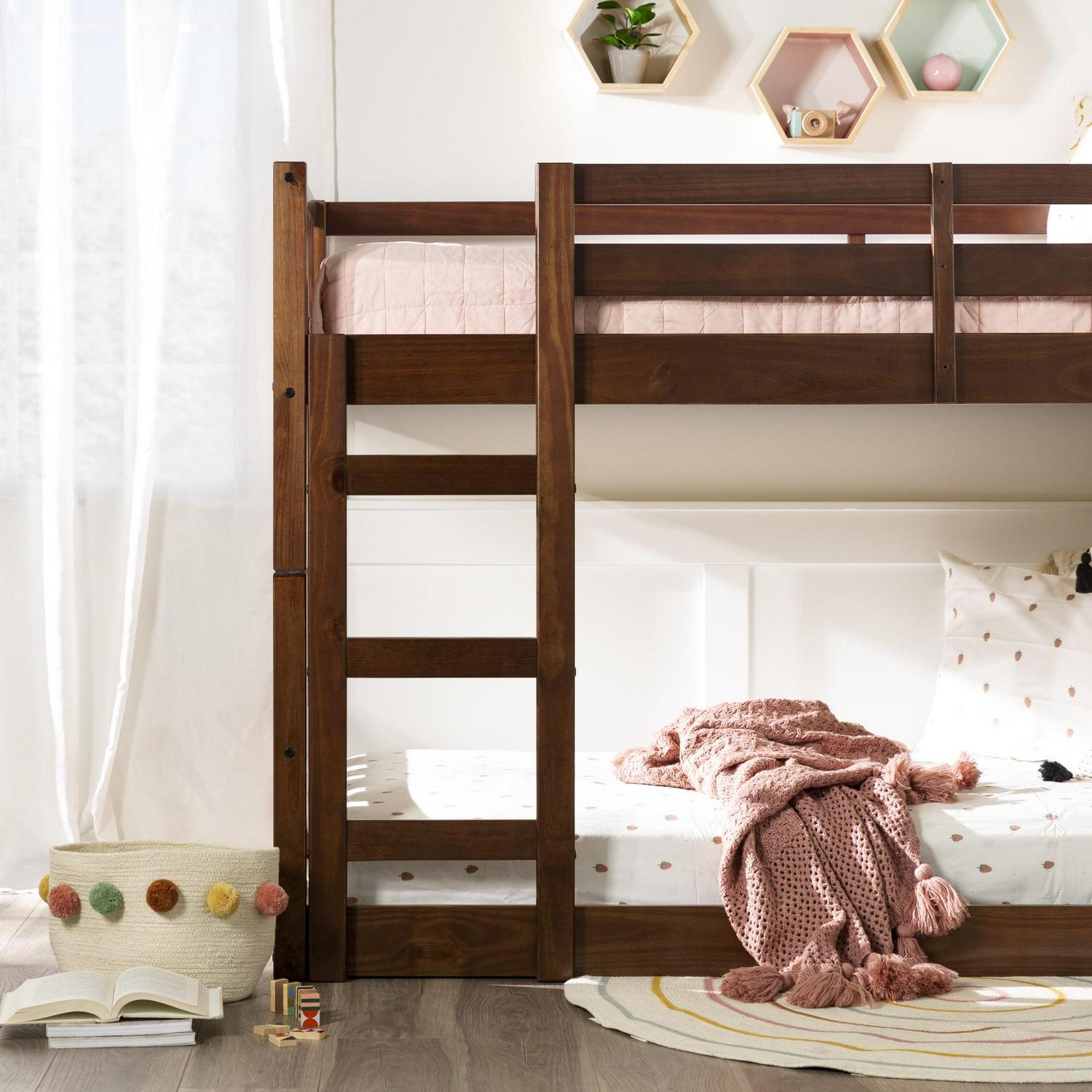 Walker Edison Traditional Slatted Twin Over Twin Bunk Bed, Walnut - Image 8