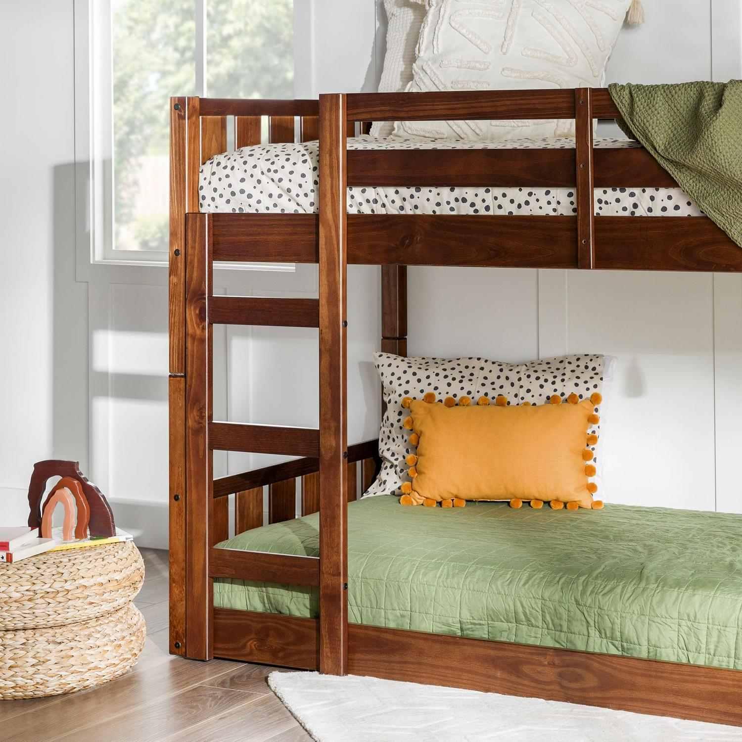 Walker Edison Traditional Slatted Twin Over Twin Bunk Bed, Walnut - Image 7