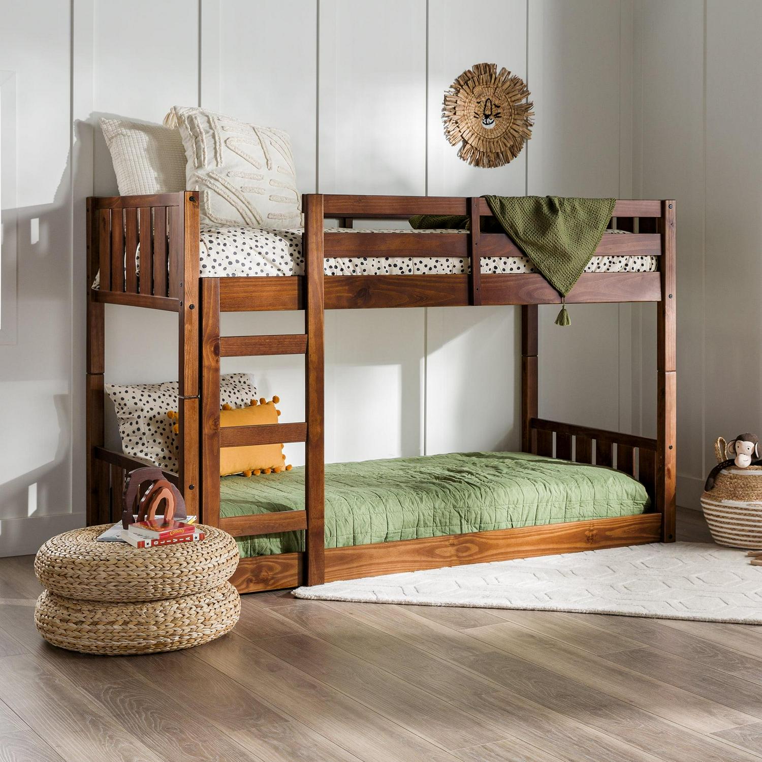Walker Edison Traditional Slatted Twin Over Twin Bunk Bed, Walnut