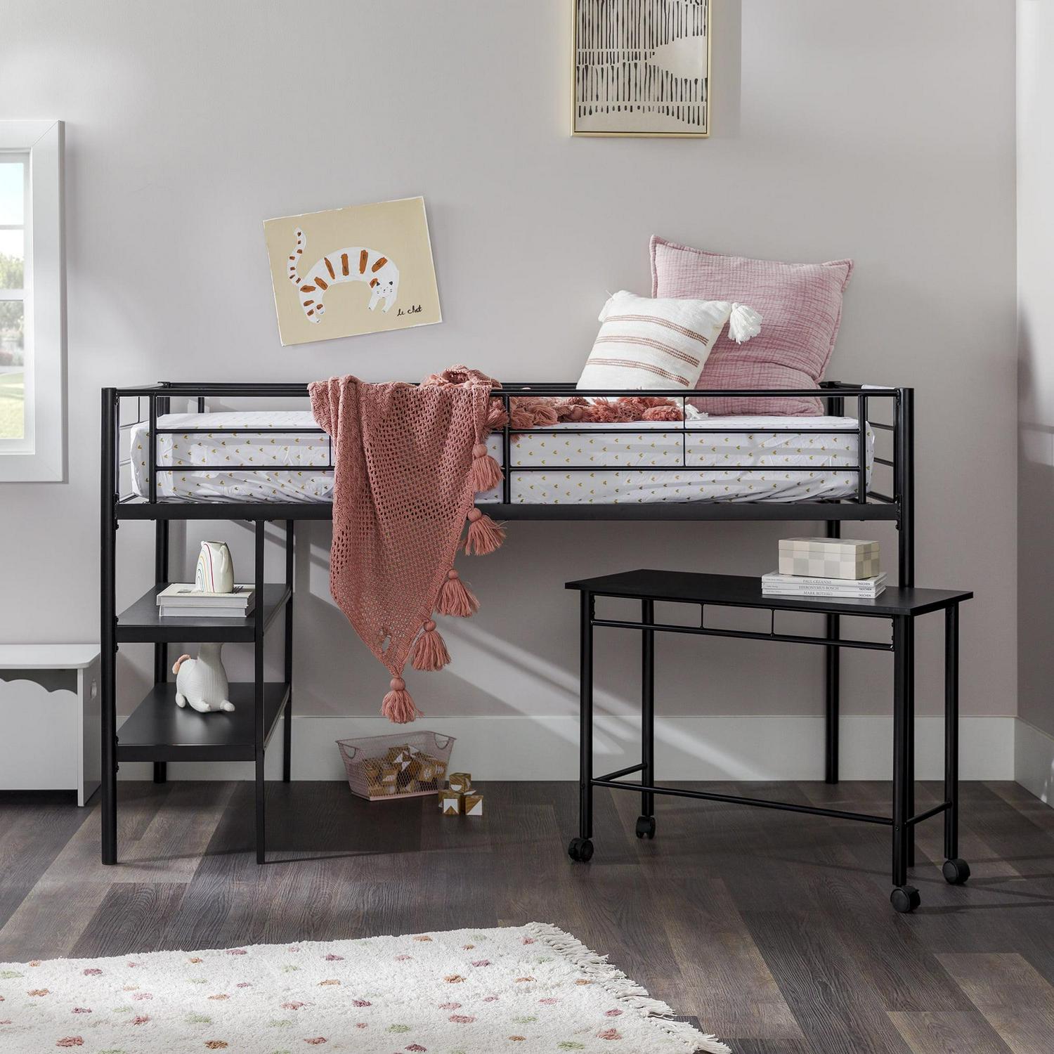 Walker Edison Twin Metal Loft Bed with Desk and Shelving, Black - Image 2