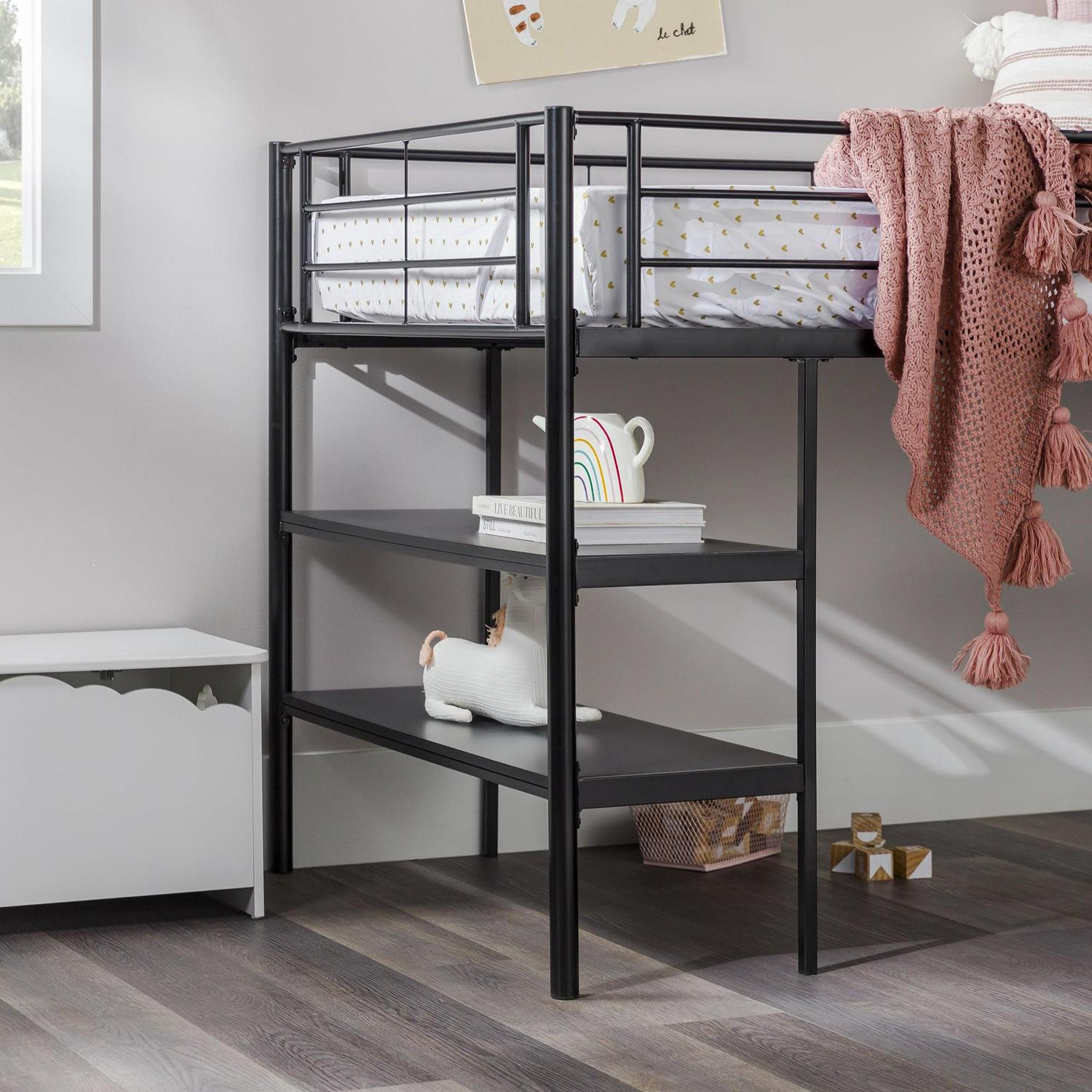 Walker Edison Twin Metal Loft Bed with Desk and Shelving, Black - Image 7