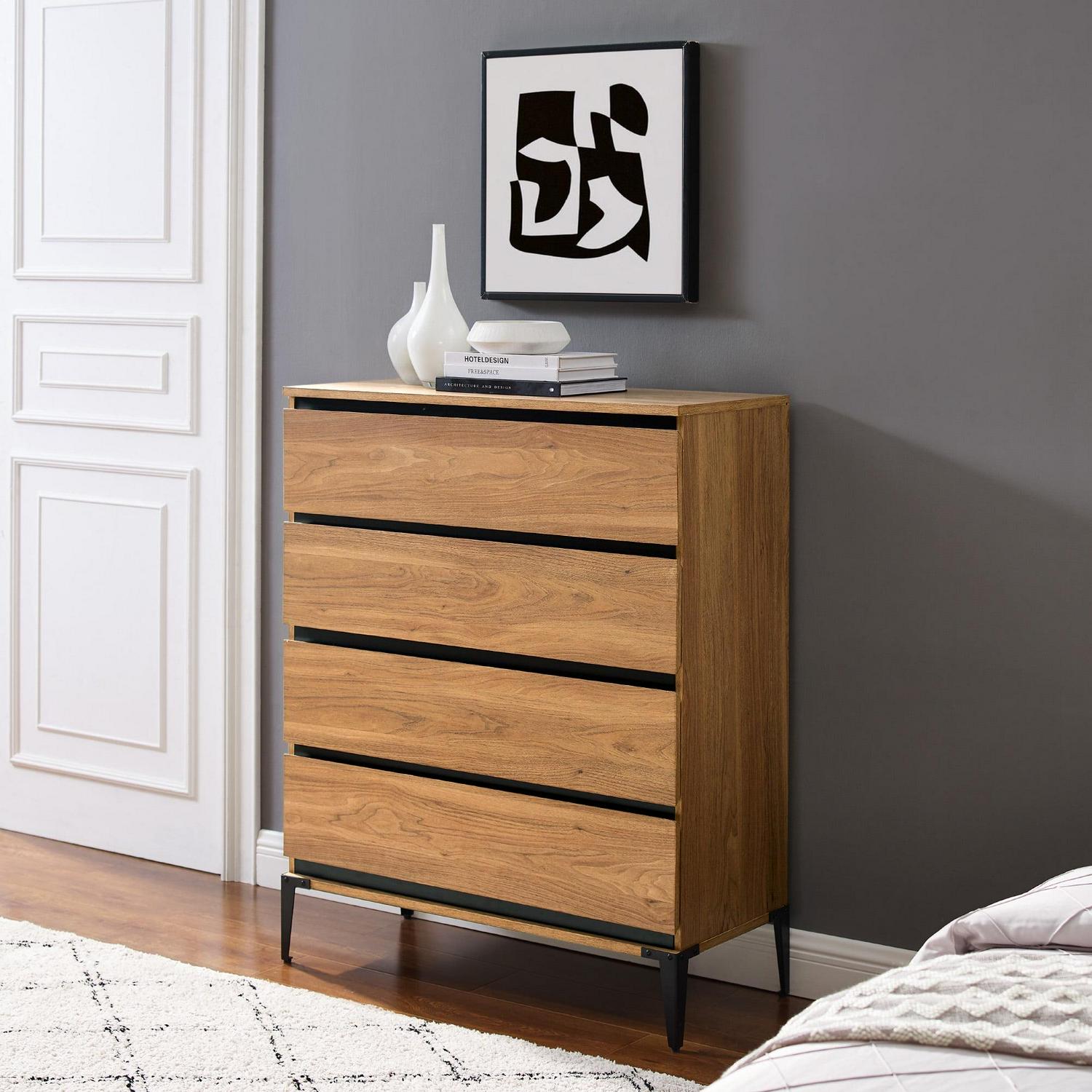 Walker Edison Urban Industrial 4 Drawer Vertical Dresser, English Oak