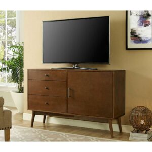 Walker Edison Mid Century Modern Wood TV Stand for TV's up to 56" Storage Flat Screen Universal TV Console Living Room Shelves Entertainment Center, 52 Inch, Walnut