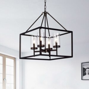 Warehouse of Tiffany Anson Clear Pillar Glass Antique Bronze 4-light Square Chandelier