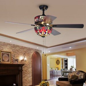Warehouse of Tiffany Jalev 6-Light Dragonfly Tiffany 5-Blade 52-Inch Matte Black Ceiling Fan