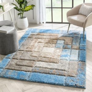 Well Woven Lolly Kenzo Retro Geometric Pattern Grey Light Blue 3'11" x 5'3" 3D Texture Shag Area Rug