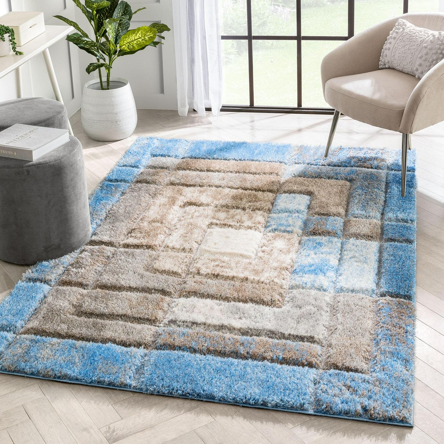 Well Woven Lolly Kenzo Retro Geometric Pattern Grey Light Blue 3'11" x 5'3" 3D Texture Shag Area Rug