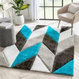 Well Woven Lolly Mika Retro Zig-Zag Pattern Teal Grey 3'11" x 5'3" 3D Texture Shag Area Rug