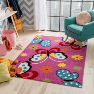 Well Woven Star Bright Daisy Butterflies Kids Area Rug