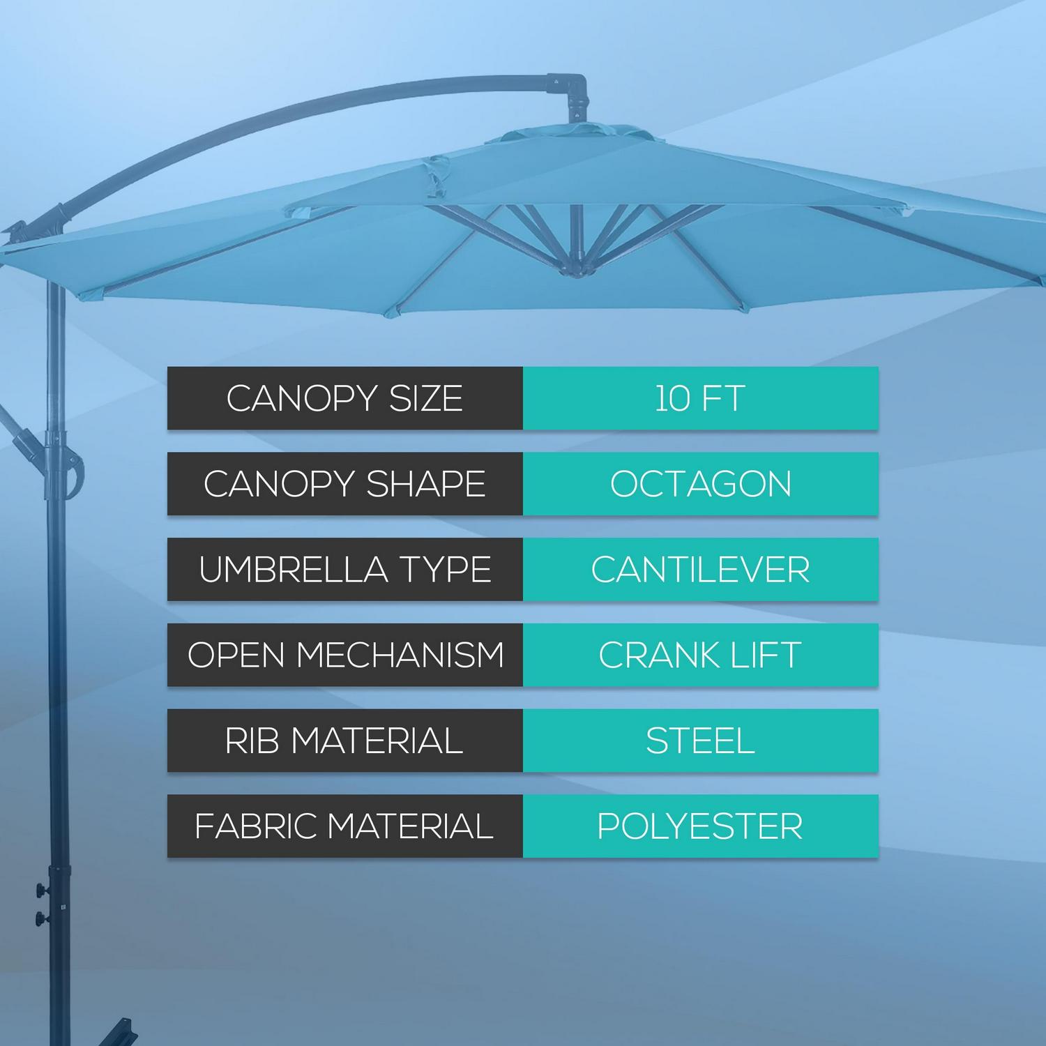 Westin Furniture 10 ft. Cantilever Hanging Patio Umbrella, Turquoise - Image 5