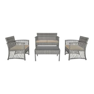 Westin Outdoor 4-Piece Rattan Wicker Patio Sofa Set with Cushions, Gray/Beige