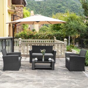 Westin Outdoor 4-Piece Rattan Wicker Conversation Sofa Set with Cushions, Black/Gray