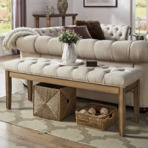 Weston Home 52"W Bench with Natural Wood, Beige Linen
