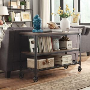Weston Home Avery Industrial Wood and Metal Console Table with Wheels, Black/Brown Finish