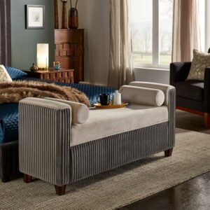 Weston Home Bergman Chesterfield Pleated Velvet 54" Wide Bench with Pillows, Taupe and Grey