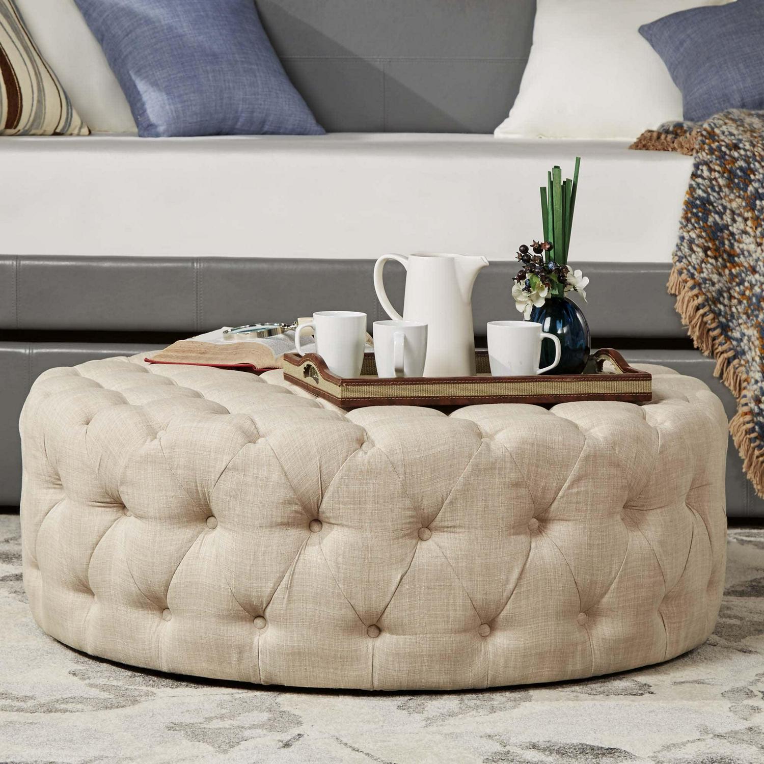 Weston Home Bowman Linen Round Button Tufted Ottoman with Casters, Beige