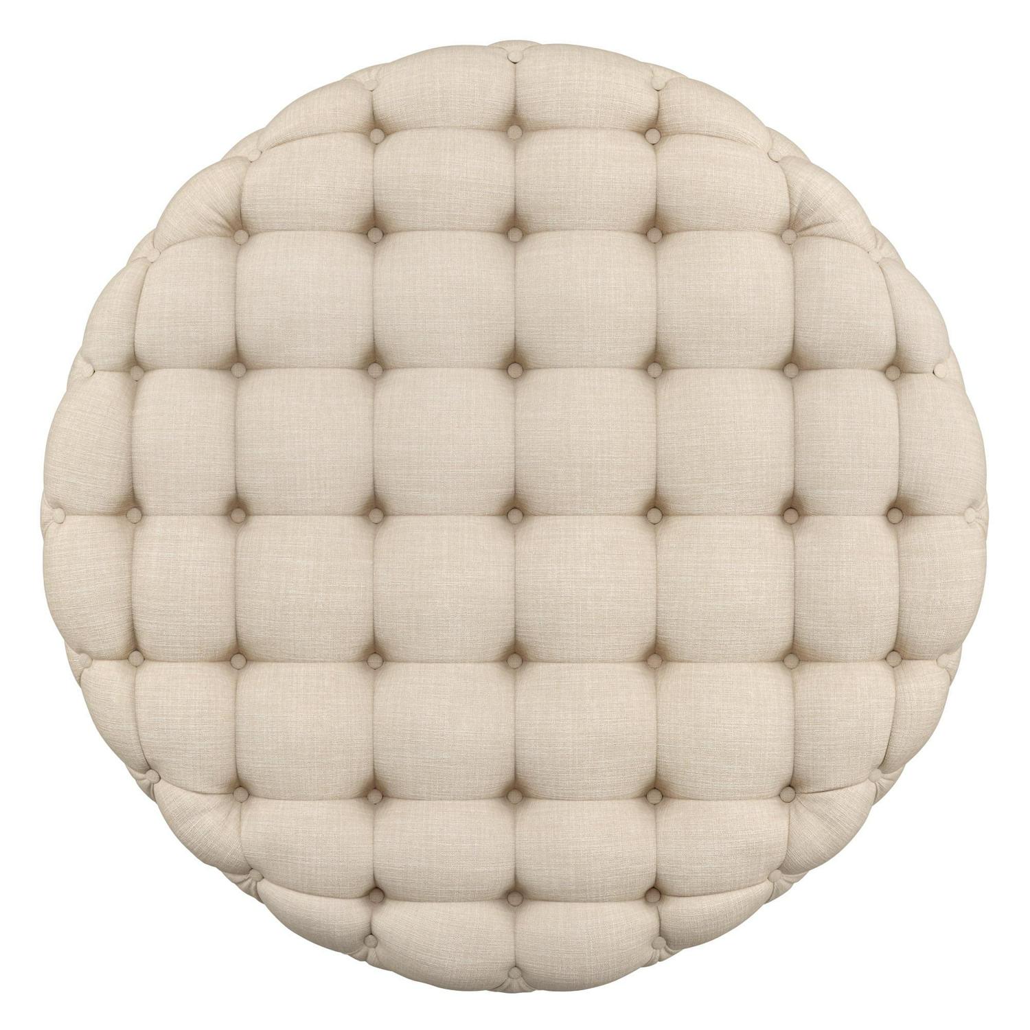 Weston Home Bowman Linen Round Button Tufted Ottoman with Casters, Beige - Image 3