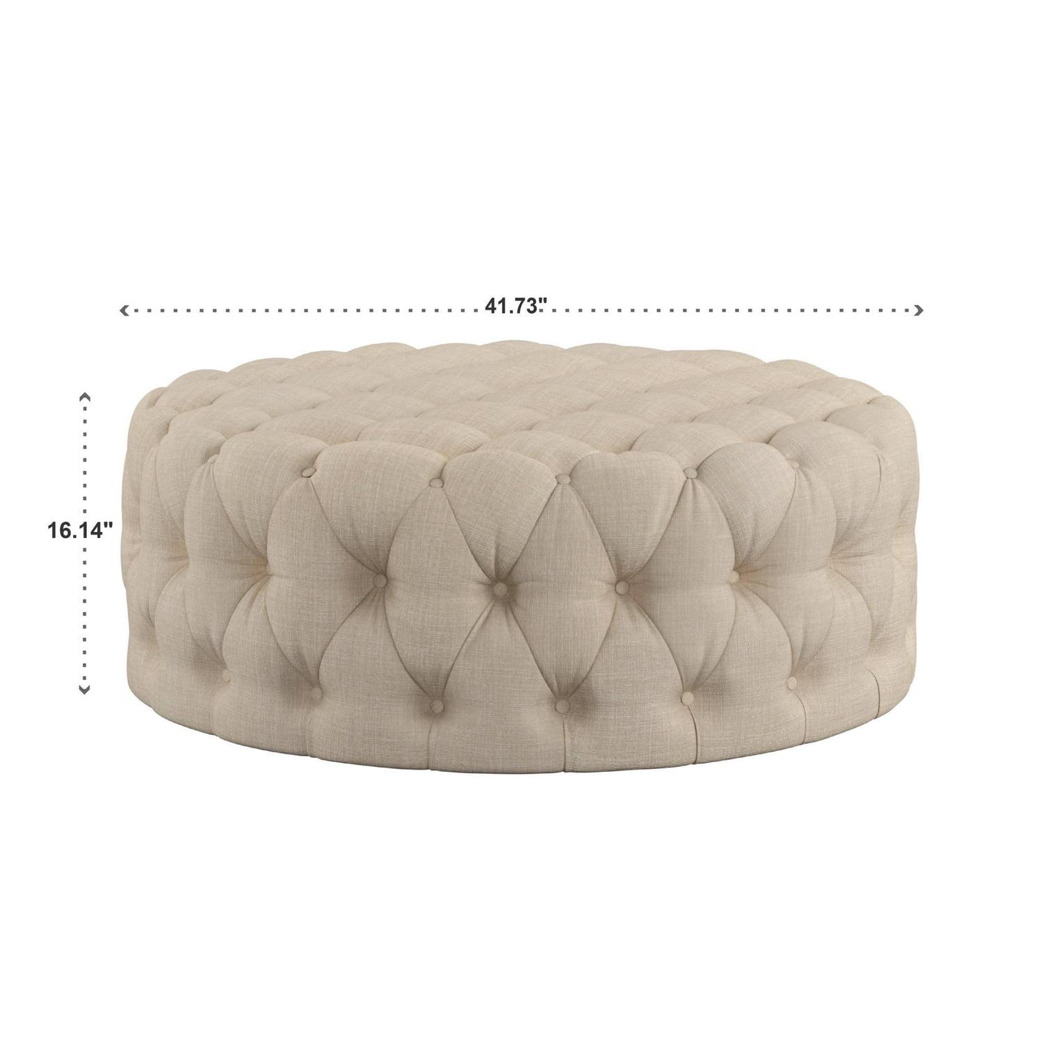 Weston Home Bowman Linen Round Button Tufted Ottoman with Casters, Beige - Image 4