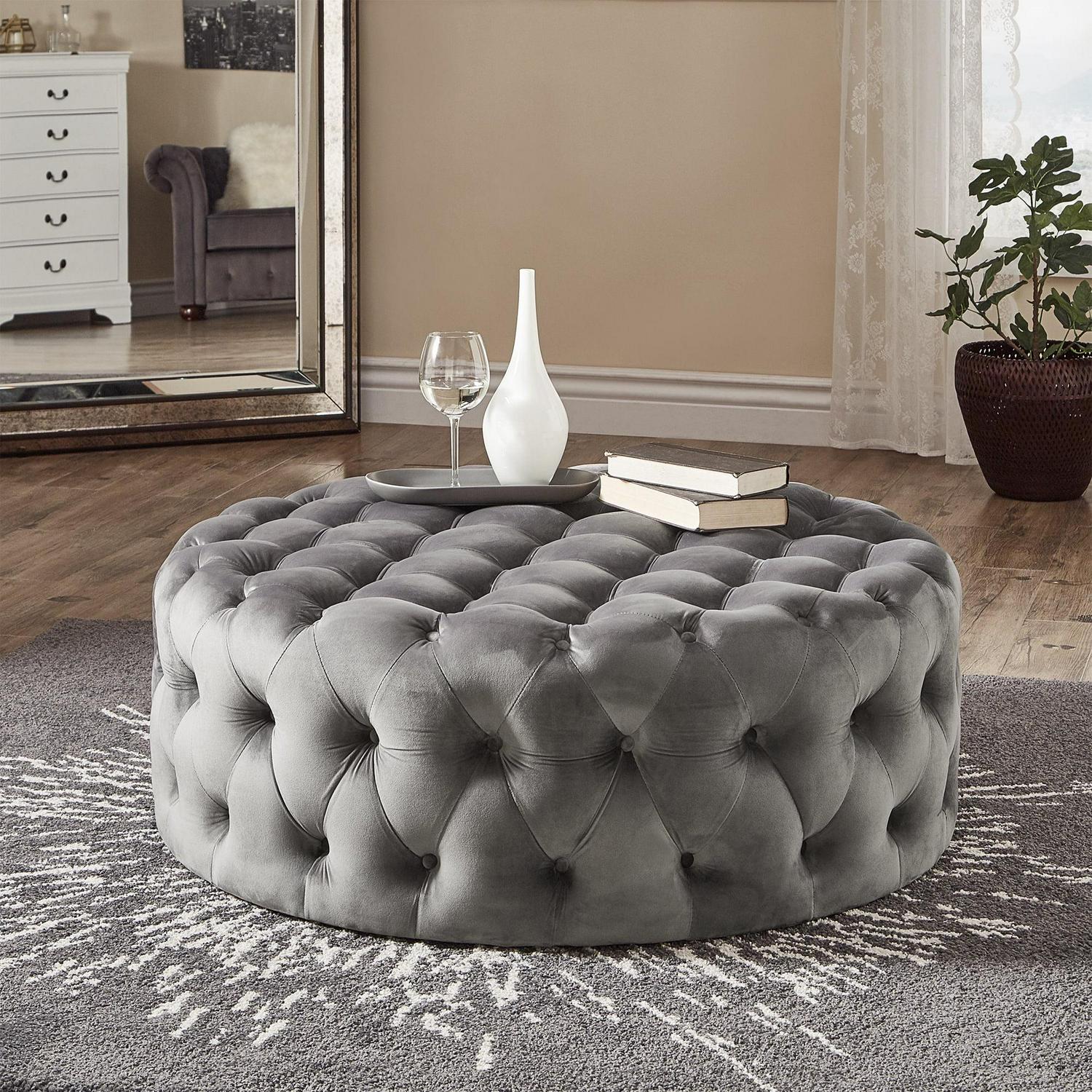 Weston Home Bowman Round Velvet Ottoman, Grey