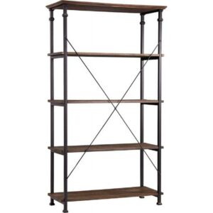 Weston Home Clayton 5 Shelf Wide Wood and Metal Bookcase, Dark Brown Shelves