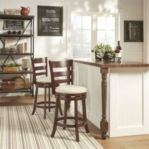 Weston Home Dark Cherry Ladder Back Swivel Counter Height Stool, Beige Linen