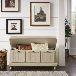 Weston Home Marin Storage Bench with Linen Seat Cushion, Antique White Finish