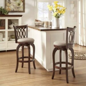 Weston Home Motif Upholstered Swivel Cherry Finish Wood Bar Height Stool, Grey