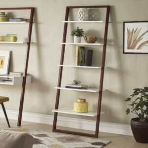 Weston Home Oliver Two-Tone 5-Shelf Leaning Ladder Bookcase, Espresso and White Finish