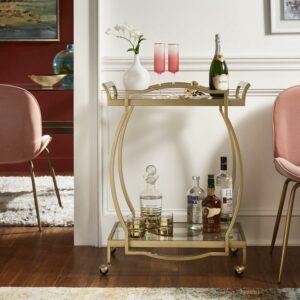 Weston Home Raven Gold Finish Clear Tempered Glass Metal Bar Cart