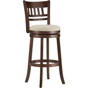 Weston Home Vertical Design Swivel Dark Cherry Finish Wood Bar Height Stool, Beige Linen