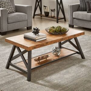 Weston Home Westyn Rustic X Base Wood Rectangular Coffee Table, Oak
