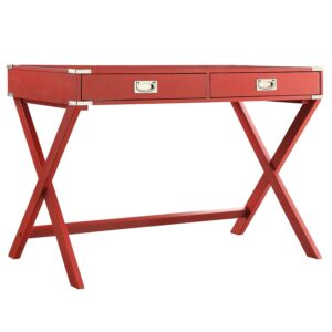 Weston Home Wood X-Base Campaign Writing Desk with Drawers, Samba Red