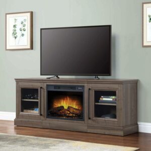 Whalen Furniture Quantum Flame Media Fireplace TV Stand for TV’s up to 75”, Walnut Brown Finish