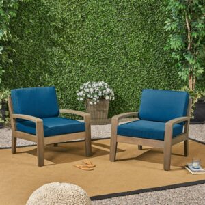 Wilcox Outdoor Acacia Wood Club Chairs with Cushions (Set of 2), Gray and Dark Teal