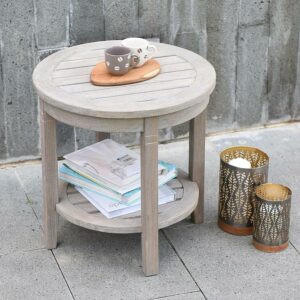 Willem Solid Teak Patio Round Side Table, Weathered Gray